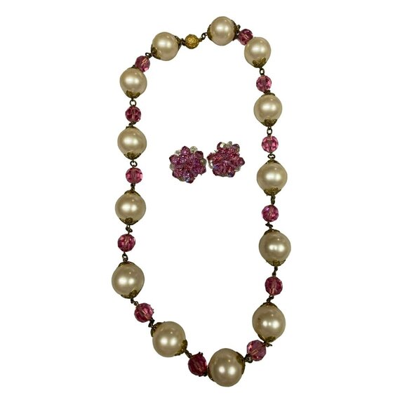 MCM Beaded Necklace and Clip on Earring Set - Pink AB and Faux Pearl Beads - Picture 1 of 8